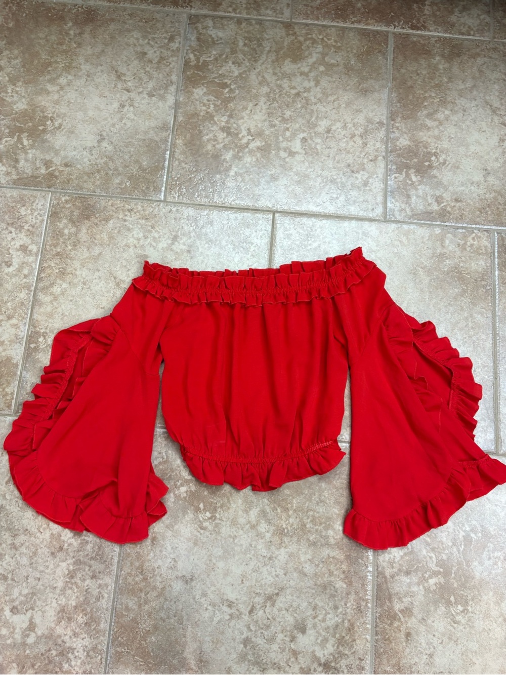 Red Off-Shoulder Ruffle Bell Sleeve Crop Top